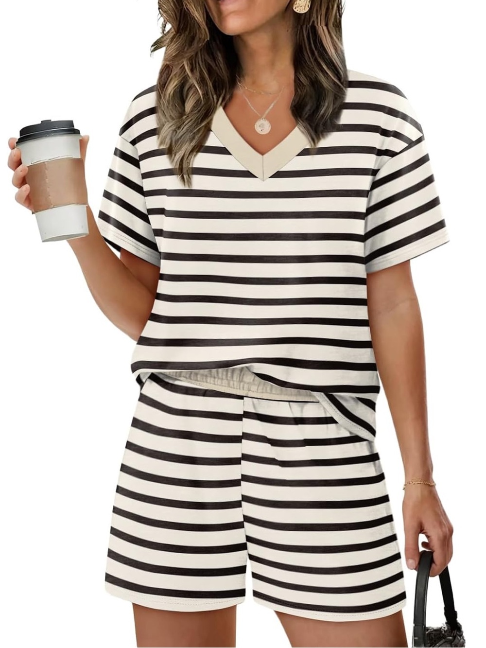 Striped V-Neck Short PJ Set - Black & Cream